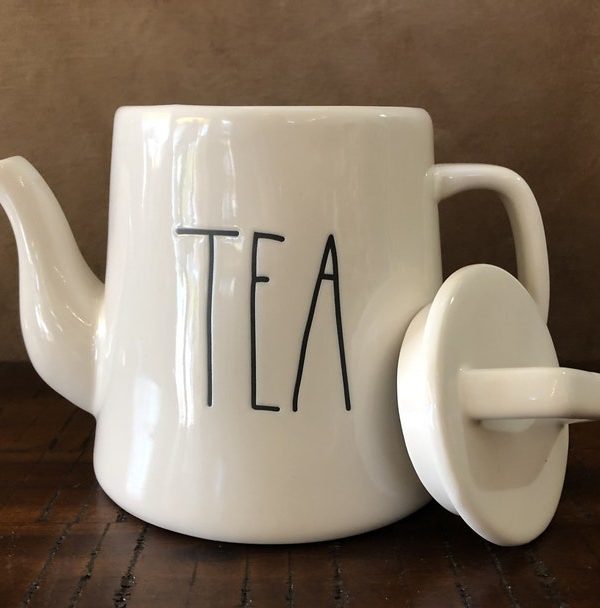 teapot white ceramic TEA black llettering